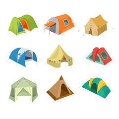 Set of camping tent icon. Vector illustration with tourist bivouac isolated on white background.