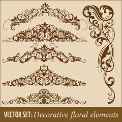 Set of hand drawn decorative vector floral elements for design. Page decoration element.
