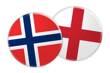 News Concept: Norway Flag Button On England Flag Button, 3d illustration on white background
