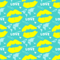 yellow lip mark on turquoise background, seamless pattern 