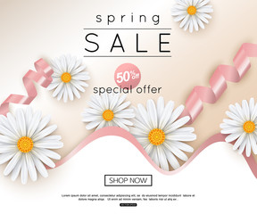 Vector spring sale banner with realistic daisy flowers for online shopping, web design, poster