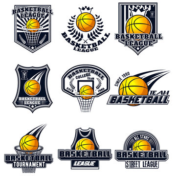 Vector set basketball logos for print, web, design, advertisement, sports team on a white background