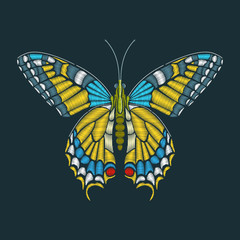 Embroidered swallowtail butterfly on a black background. Vector decorative item for embroidery, patches and labels