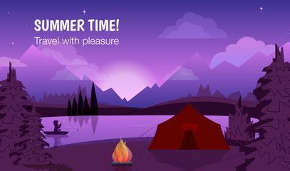 Poster Summer time! with night landscape. Tent and campfire in the background of a mountain lake.
