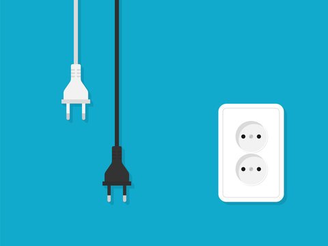 Electrical Outlet And Plugs Illustration In Flat Style. Vector