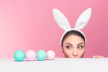 Surprised bunny woman found easter eggs