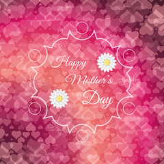 Happy Mother's Day vector poster on the gradient red background with heart pattern, abstract shape in the center, text and flowers.