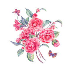 Vintage watercolor garden flowers with pink camellia