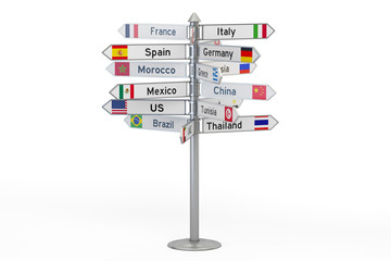 signpost with names of countries, 3D rendering isolated on white background