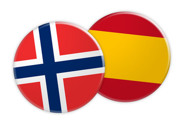 News Concept: Norway Flag Button On Spain Flag Button, 3d illustration on white background