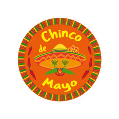 Mexican Fiesta holiday Cinco de Mayo. Freehand drawn fancy cartoon style. Decorative round frame badge. Festival celebration traditional symbols of Mexico. Vector element template banner background