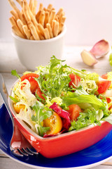 Fresh healthy spring salad with tomatoes and grissini