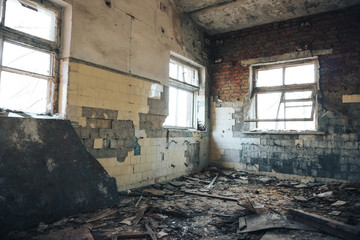 Fototapeta na wymiar Old abandoned production building, interior inside
