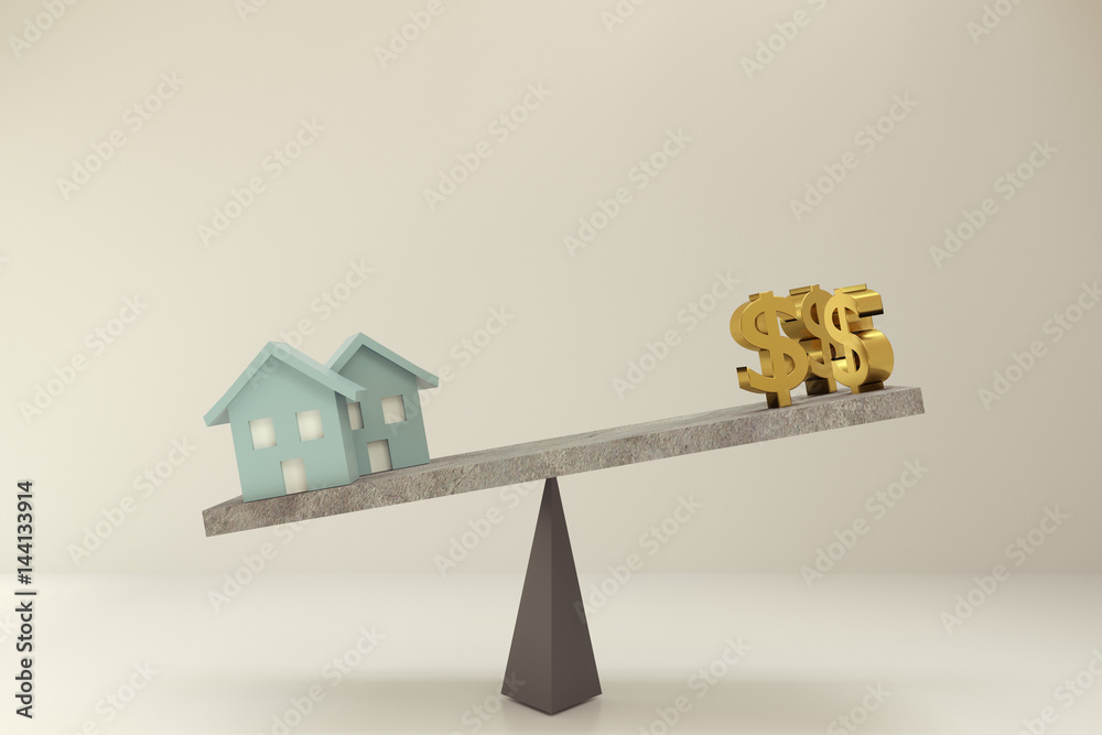 Wall mural 3D rendering of abstract house and dollar on balance scale