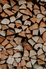 Fototapeta premium Woodpile of cut trees in the lumberyard. Background and texture with space for text or image. Fire wood prepared for winter. 