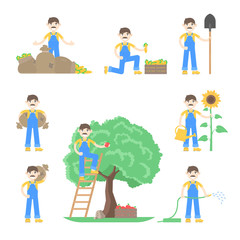 Fototapeta premium Set of farmers and gardeners with mustache use different agricultural tools and different poses