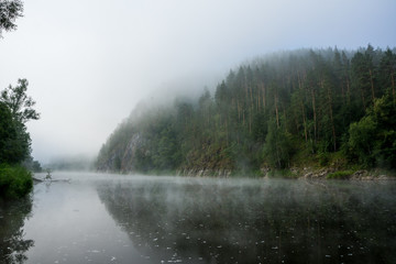 Fototapeta na wymiar Foggy forrest river by the woods