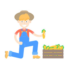 Farmer in hat dressed in a blue jumpsuit with corns