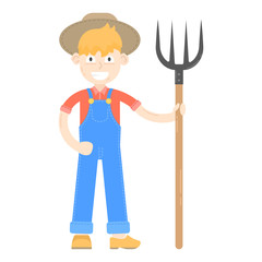 Farmer in hat dressed in a blue jumpsuit, stand with pitchfork