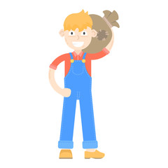 Farmer young dressed in a blue jumpsuit, keeps bag