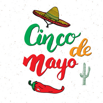 Happy Cinco de Mayo greeting card Hand lettering. Mexican holiday. vector illustration isolated on white background.