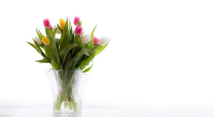 Bouquet of yellow, pink and white tulips.