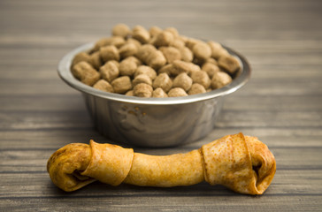 Dry Dog Food in a Silver Bowl