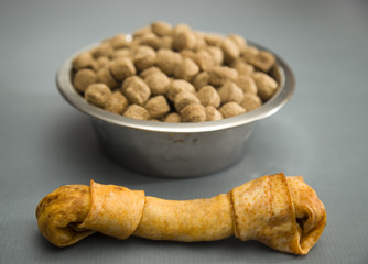 Dry Dog Food in a Silver Bowl