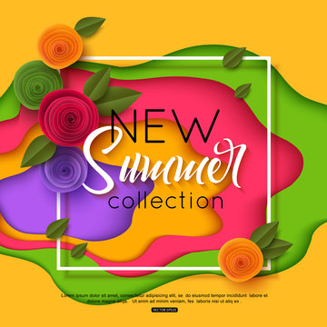 Summer banner with flowers for online shopping, advertising actions, magazines and websites. Vector paper cut style, shapes