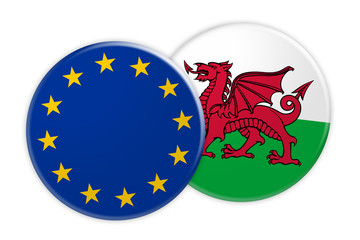 News Concept: EU Flag Button On Wales Flag Button, 3d illustration on white background