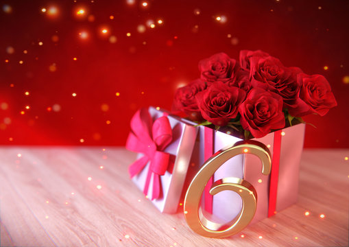 birthday concept with red roses in gift on wooden desk. sixteenth. 16th. 3D render