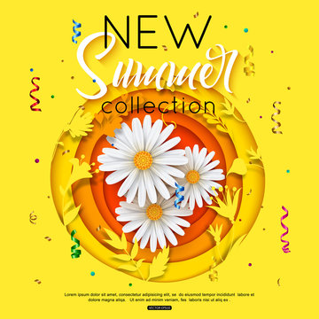 New summer collection background with daisy for poster, banner, fliyer. Paper flowers cut style, shapes. Beautiful vector illustration.