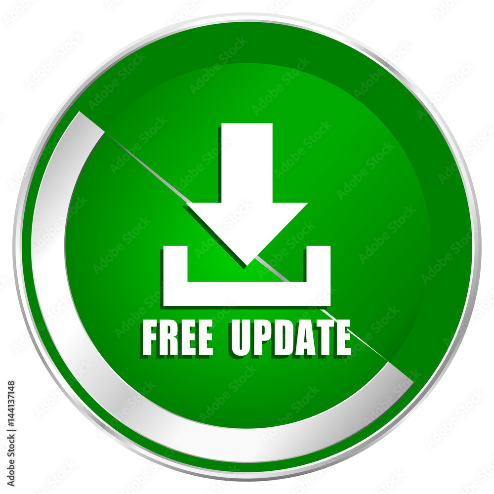 Aufkleber free update silver metallic border green web icon for mobile apps and internet.