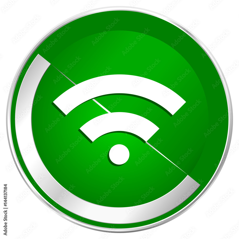 Poster wireless silver metallic border green web icon for mobile apps and internet.
