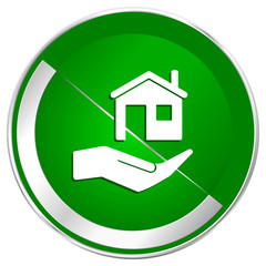 House care silver metallic border green web icon for mobile apps and internet.