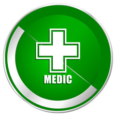 Medic silver metallic border green web icon for mobile apps and internet.