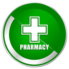 Pharmacy silver metallic border green web icon for mobile apps and internet.
