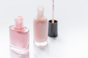 Close up of nail polish in bottles white background space for text