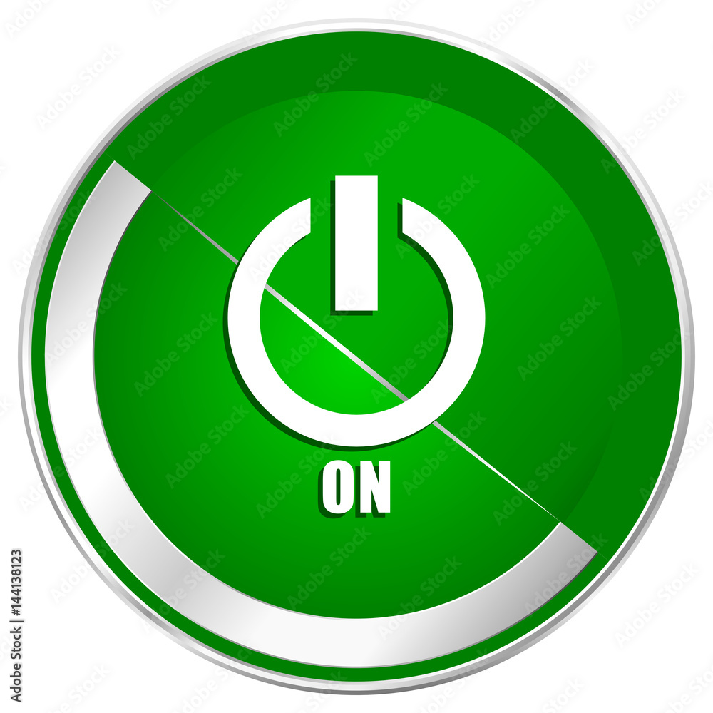 Poster power on silver metallic border green web icon for mobile apps and internet.