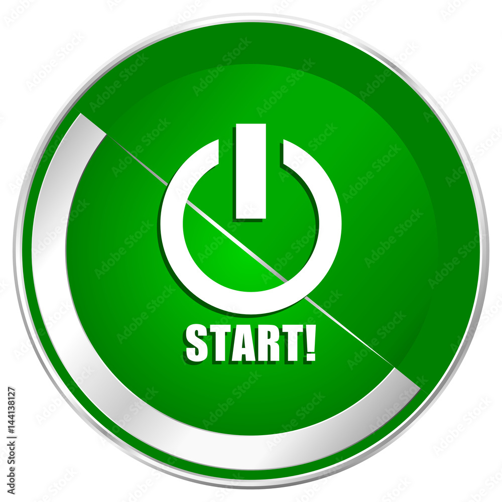 Poster start silver metallic border green web icon for mobile apps and internet.