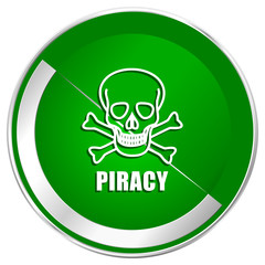 Piracy skull silver metallic border green web icon for mobile apps and internet.