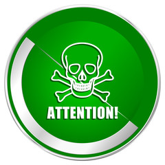 Attention skull silver metallic border green web icon for mobile apps and internet.