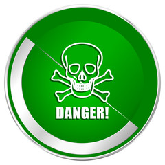Danger skull silver metallic border green web icon for mobile apps and internet.