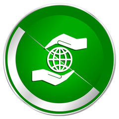 Hand protect the earth silver metallic border green web icon for mobile apps and internet.