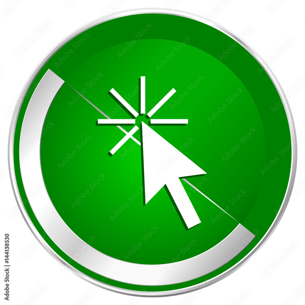 Poster click here silver metallic border green web icon for mobile apps and internet.