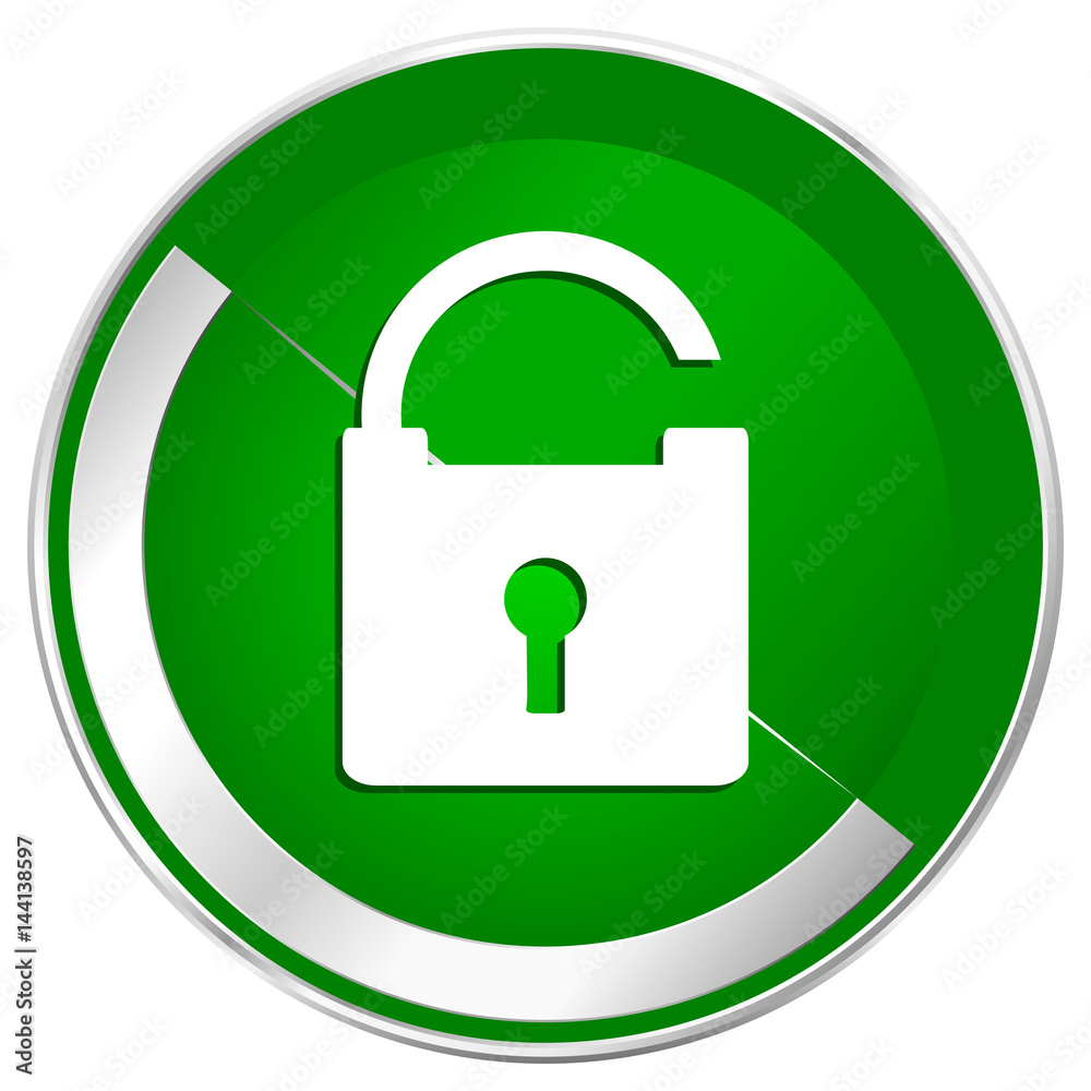 Poster padlock silver metallic border green web icon for mobile apps and internet.