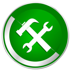 Tool silver metallic border green web icon for mobile apps and internet.
