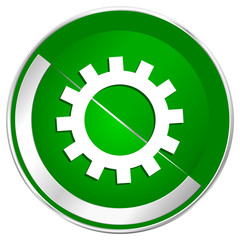 Gear silver metallic border green web icon for mobile apps and internet.