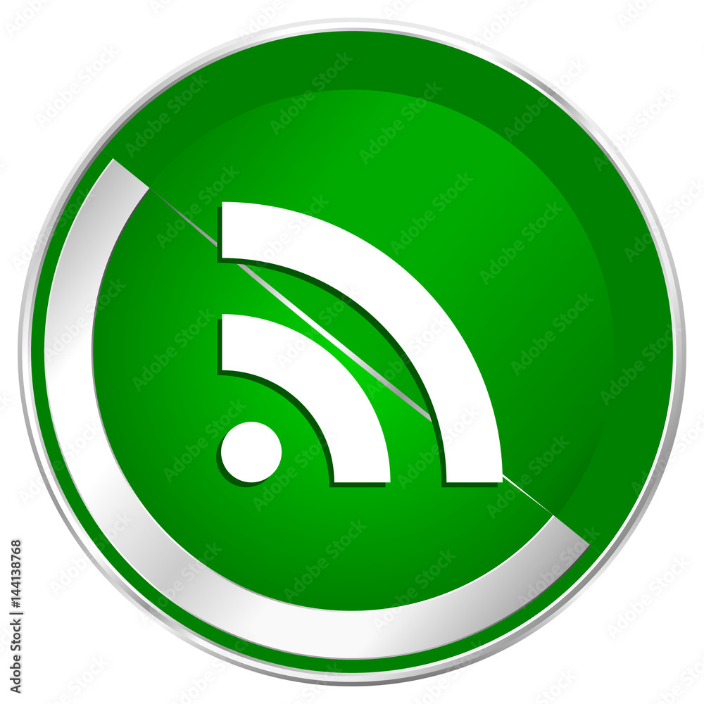 Poster rss silver metallic border green web icon for mobile apps and internet.