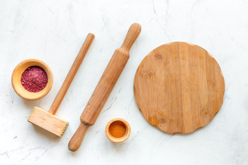 cooking tools in restoraunt concept on white background top view